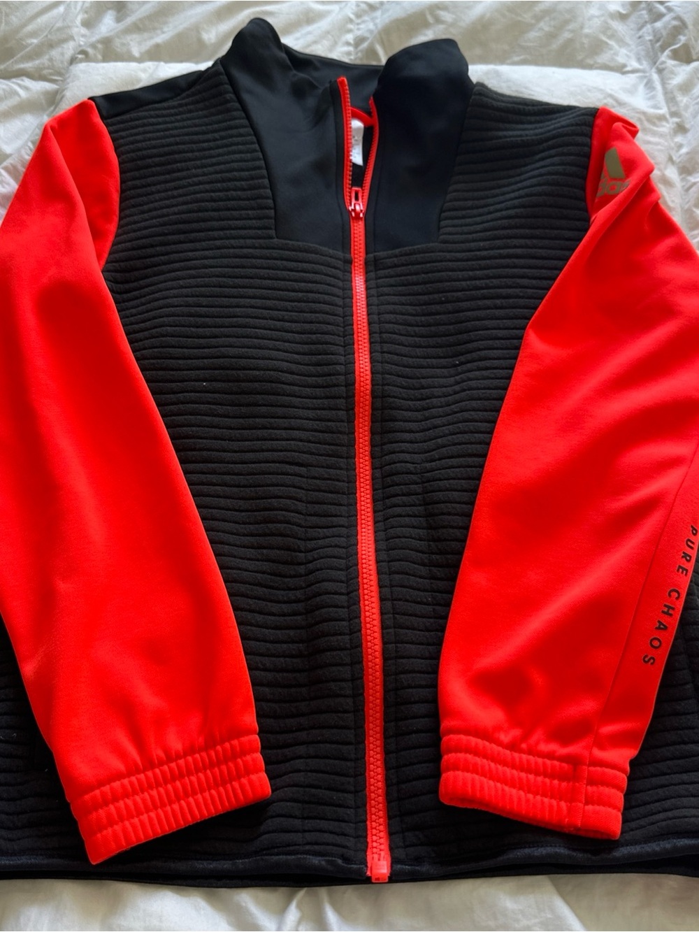 Unisex Adidas Track Jacket Black Body Red Sleeve Zip-Up